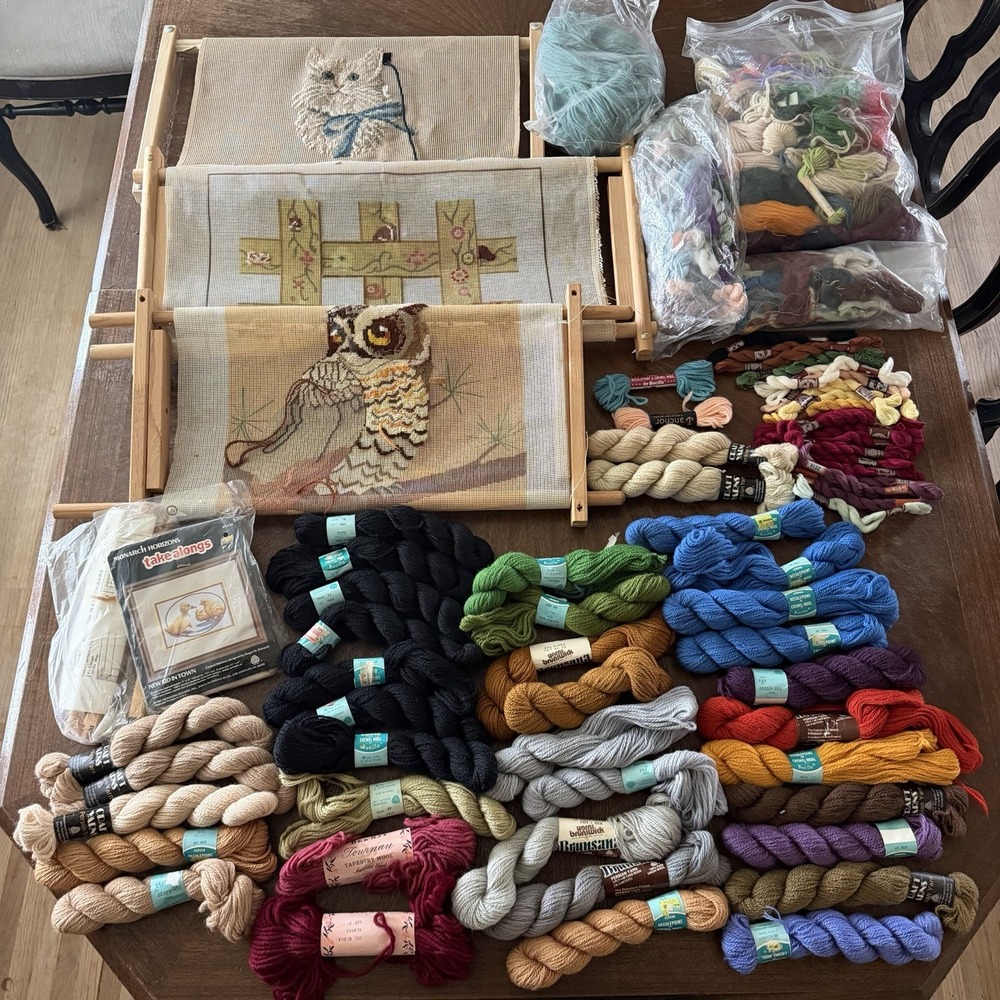 Vintage Needlepoint Lot Wood Frames Wool Yarn Persian Brunsana Bucilla + Extras
